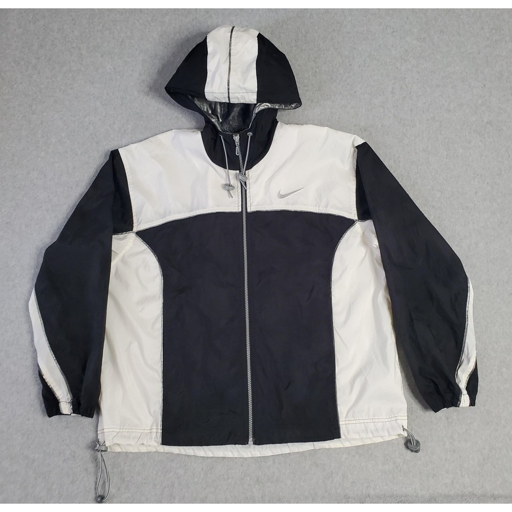 Vintage Nike Jacket Womens Medium Black White Hooded Full Zip Windbreaker 90s